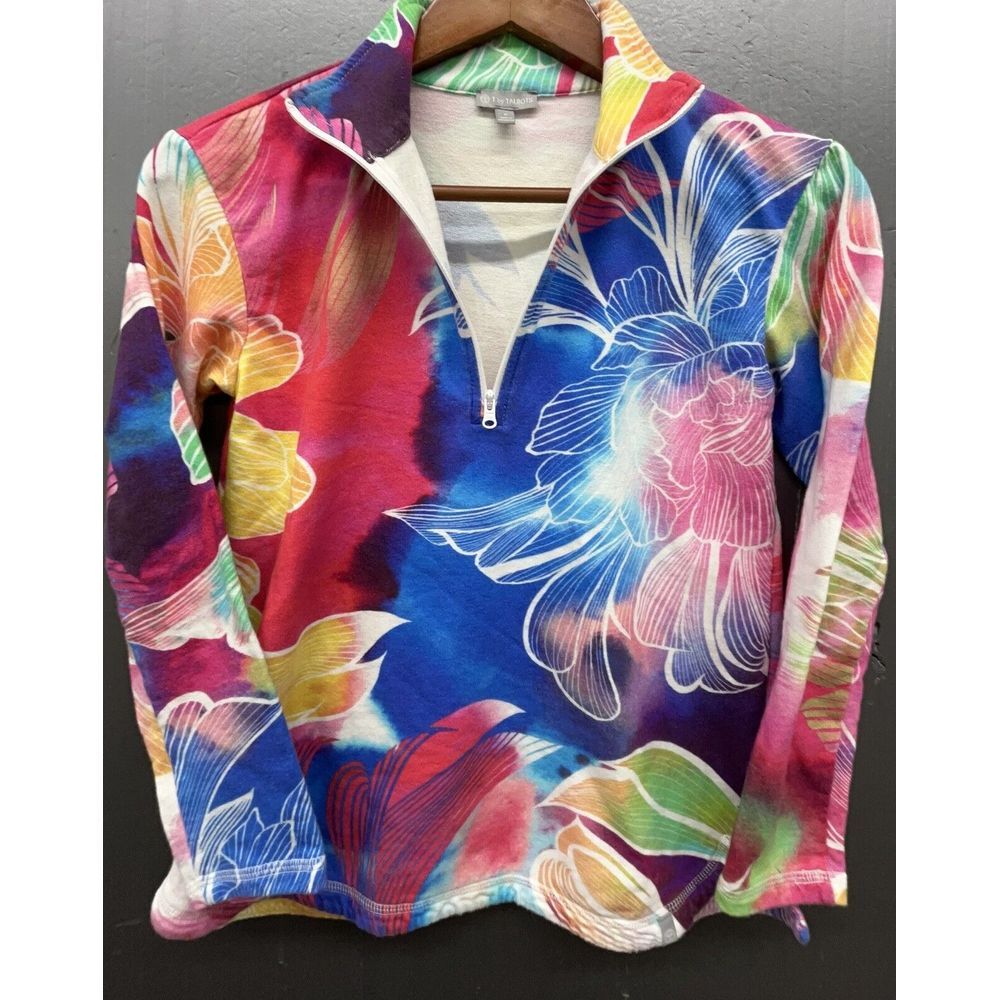 T By Talbots Jacket Size P 1/4 Zip Pullover Multicolor Floral Mock Neck Stretch